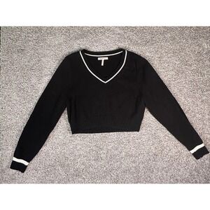 BCBGeneration V Neck Cropped Sweater Size L Black White Knitted‎ Pullover Casual